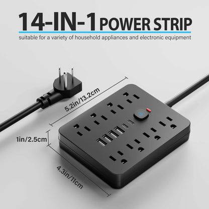 Power Strip with Surge Protector, 8 AC Outlets and 4 USB Ports, Flat Plug Power Strip with Extension Cord for Office
