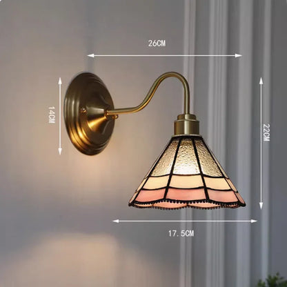 Tiffany-Style Glass Sconce with Curved Copper Arm E27 Socket 11 in x 8 in Bedroom Hallway Accent Light for Living Room Study Bathroom