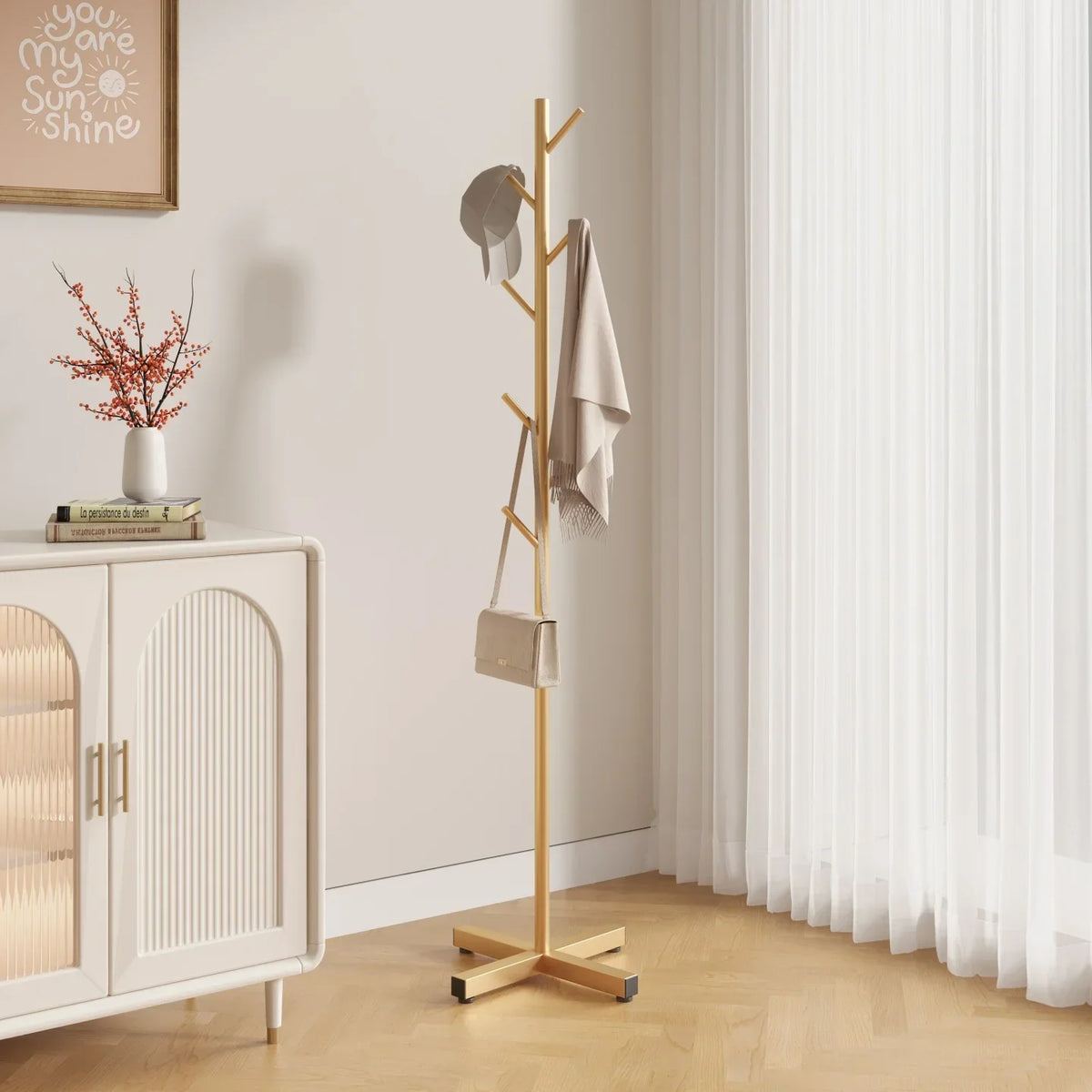 Tall Metal Hall Tree with 8 Hooks 66 Inches Freestanding Entryway Coat Hanger for Jackets Bags Scarves & Accessories Modern Vertical Garment