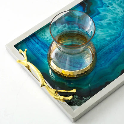 Glass Decorative Tray with Agate Design – 16-Inch Round & Rectangular Platter for Dining Room, Coffee Table, Vanity Display