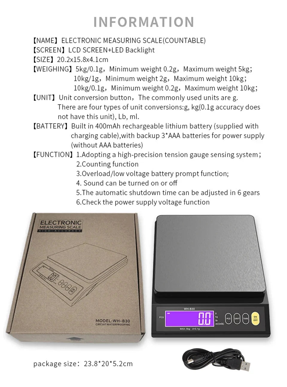 Báscula de cocina digital impermeable – Capacidad de 11 lb / 1 oz o 22 lb / 0.04 oz, báscula de cocina LCD recargable para preparación de comidas, repostería y porciones