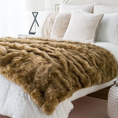 Plush Faux-Fur Accent Blanket 80×60 in Oversized Ultra-Soft Polyester Decorative Cover for Bedroom Sofa Chair Couch Neutral Tan Silver Brind