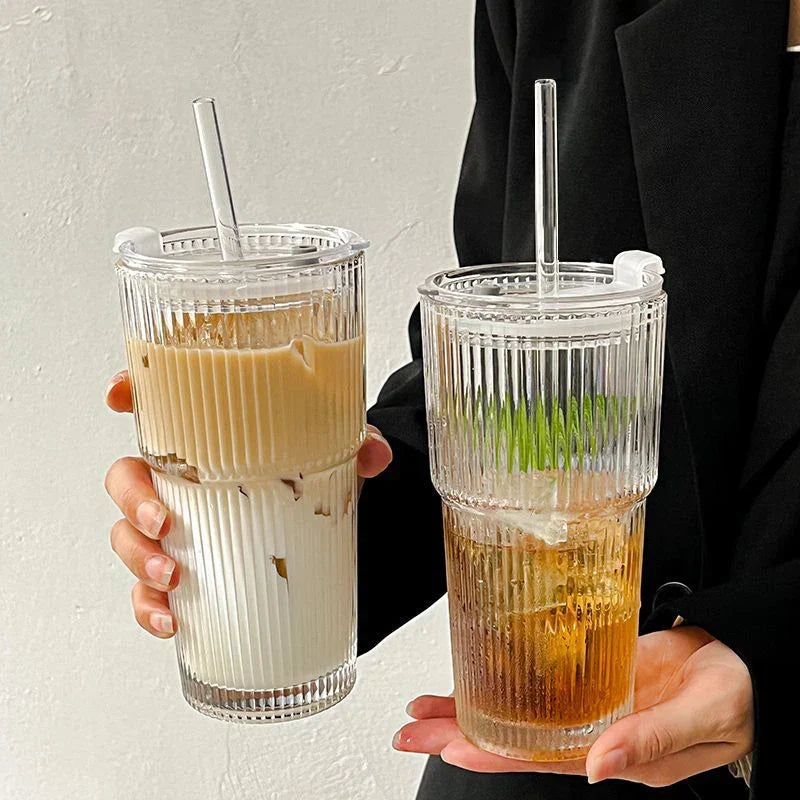 Insulated Glass Tumbler with Straw & Lid - Heat-Resistant Borosilicate Cup for Hot & Cold Drinks - Portable Coffee Mug for Commute, Office,
