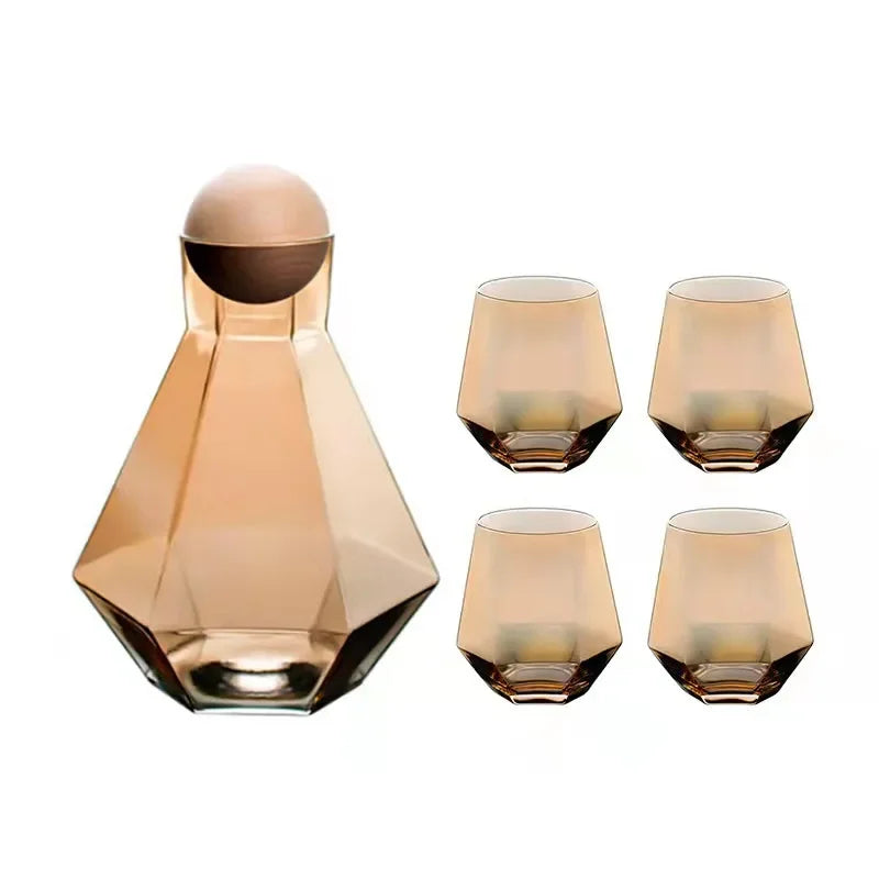 Geometric Glass Pitcher and Tumbler Set for Cocktails, Water & Juice – 5-Piece Beverage Serving Collection with Wooden Stopper