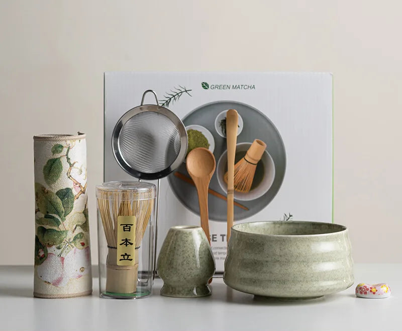 Elegant Matcha Set | 8-Piece Ceramic Bowl and Whisk with Bamboo Frother | Complete Kit for Authentic Tea Ceremony Experience