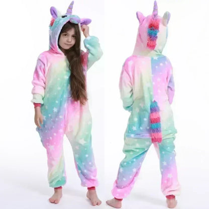 Mono de unicornio con capucha para niña, pijama de forro polar, disfraz de arcoíris para estar en casa, pijama de una pieza cálido, ropa de dormir de invierno para niños