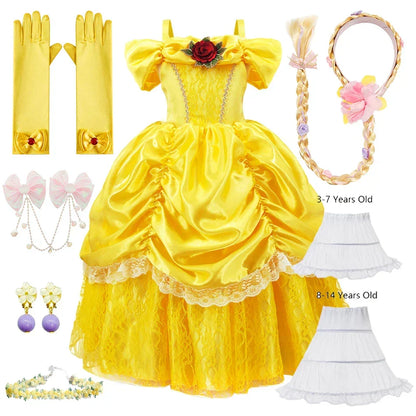 Girls Princess Gown Costume with Tiara and Gloves – Complete Belle-Inspired Dress-Up Set for Birthday Parties, Halloween, Cosplay & Special
