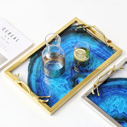 Decorative Serving Platter with Natural Stone Pattern Gold Silver Finish Coffee Table Centerpiece for Living Room Dining