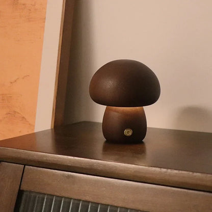 Rechargeable LED Mushroom Night Light with Touch Dimmer for Bedside, Nursery & Kids Room | Cordless Wooden Lamp