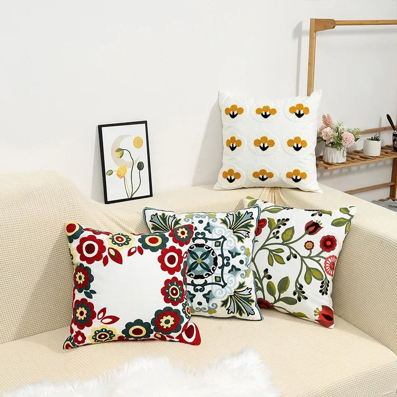 Floral Embroidered Throw Pillow Cover 18x18 Inches Cotton Canvas White Decorative Cushion Case for Couch Bed Chair Farmhouse Modern Living R