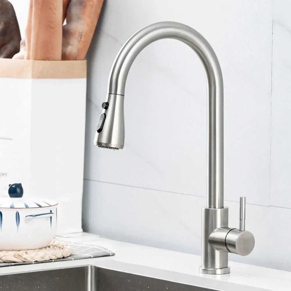 Pull-Down Kitchen Faucet with Dual Spray Modes | Stainless Steel Single Handle Sink Mixer for Deck Mount Installation | Commercial Style