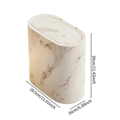 Push-Top Waste Basket with Marble-Look Finish – Slim Oval Design for Small Bathrooms, Bedrooms & Home Offices