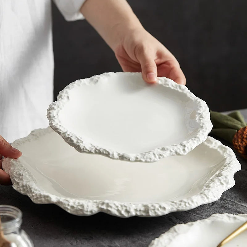Ceramic Dinner Plate with Textured Rock Edge Design for Kitchen & Dining Room Tables 8-11 inch Natural Tableware