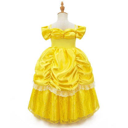 Girls Princess Gown Costume with Tiara and Gloves – Complete Belle-Inspired Dress-Up Set for Birthday Parties, Halloween, Cosplay & Special