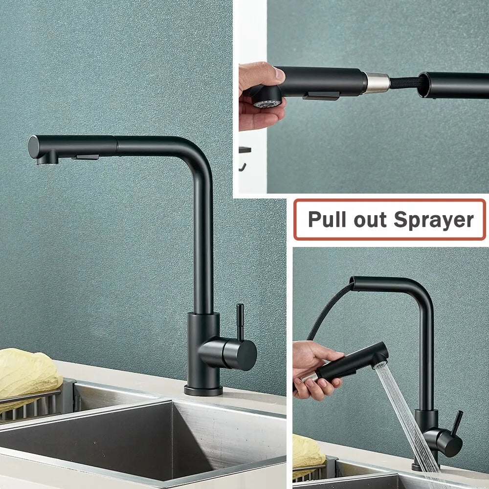 Pull-Down Kitchen Faucet with Dual Spray Modes – Single Handle Stainless Steel Sink Mixer for Hot & Cold Water, Modern Deck Mount Tap for