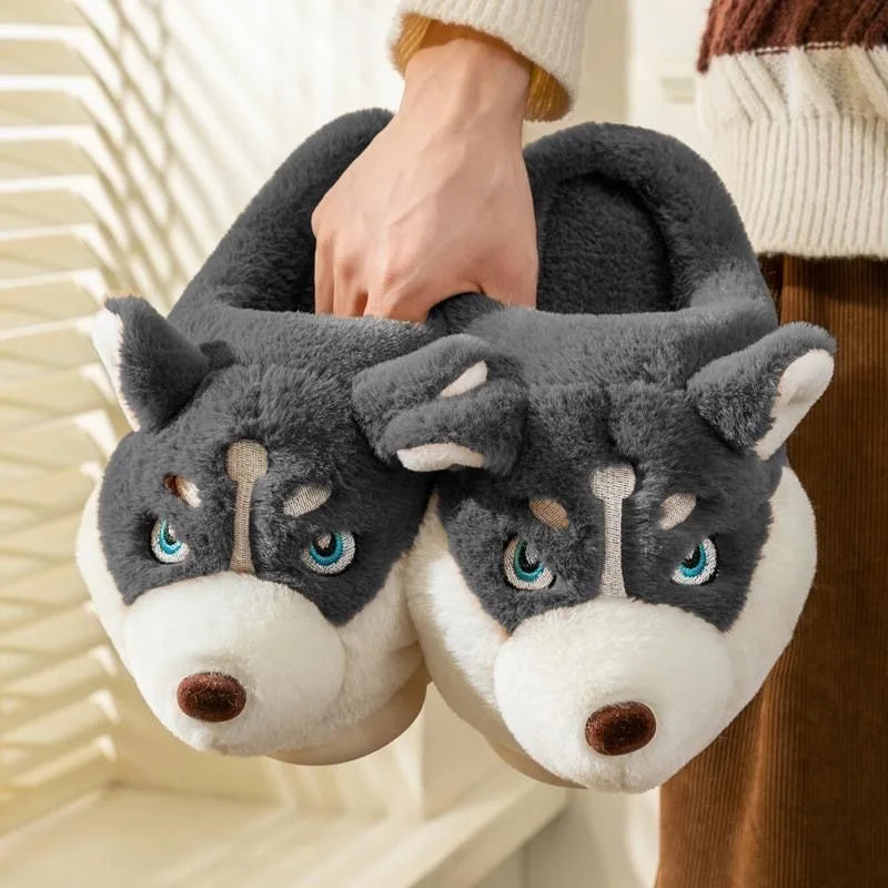 Plush Husky Slippers for Women & Men – Soft Animal House Shoes with Rubber Sole for Indoor Warmth & Cozy Comfort at Home