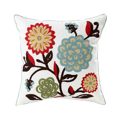 Floral Embroidered Throw Pillow Cover 18x18 Inches Cotton Canvas White Decorative Cushion Case for Couch Bed Chair Farmhouse Modern Living R