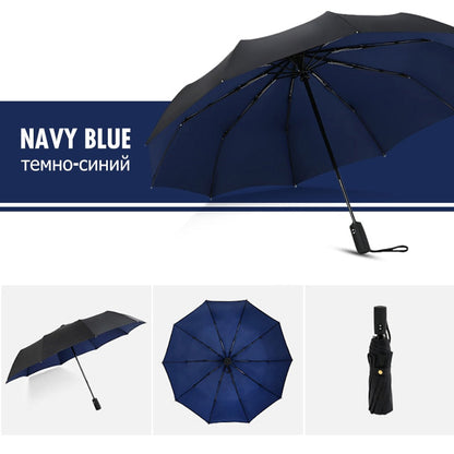 Reverse-Close Inverted Umbrella with Auto-Open Button – Wind-Resistant Double-Layer Canopy for Storm Protection – Hands-Free C-Handle