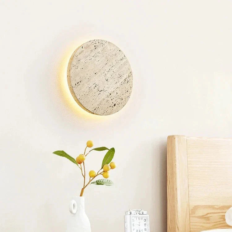 Round Stone Wall Sconce with Integrated Warm LED Light for Bedroom Hallway Living Room Modern Minimalist Travertine Fixture Indoor Ambient L