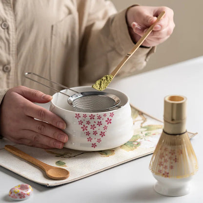 Ceramic Matcha Tea Set | 8-Piece Sakura Design with Bamboo Whisk & Frother | Complete Tools for Authentic Preparation
