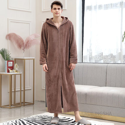 Zippered Fleece Bathrobe for Women & Men Hooded & Non-Hooded Thermal Lounge Robe with Pockets Soft Lightweight Warmth