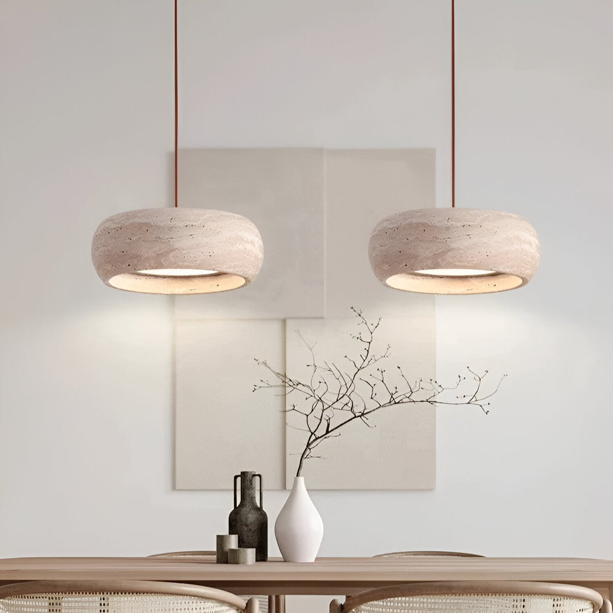 Stone Hanging Lamp 8-Inch Round Natural Travertine Shade Adjustable Drop Cord Ceiling Fixture for Kitchen Island Dining Table Room Modern Or