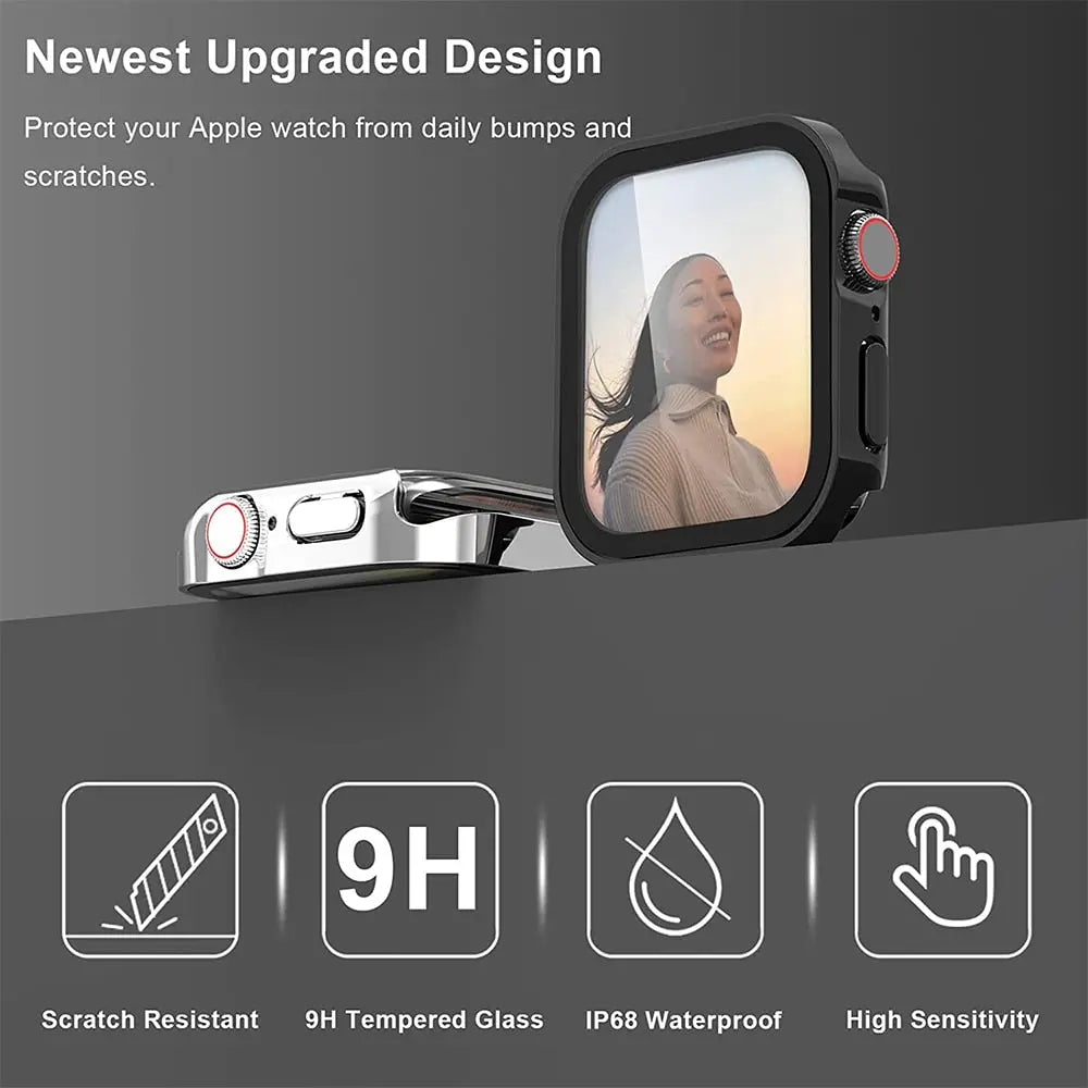 Snap-On Full-Coverage Screen & Body Shield for Apple Watch Series 4-9 – Tempered Glass & PC Armor