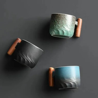 Handcrafted Ceramic Espresso Cup with Wood Handle – 2.7 oz Tea & Coffee Mug for Home & Office