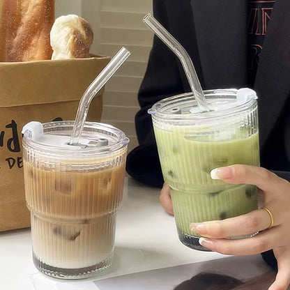 Glass Travel Tumbler with Straw & Lid for Coffee, Tea & Juice - Insulated Borosilicate Cup with Ribbed Design - Reusable Portable Drinkware