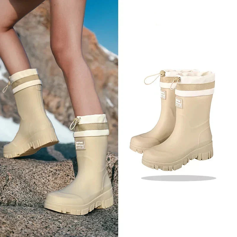 Women's Waterproof Rain Boots with Non-Slip Sole – Vintage-Inspired Rubber Boots for Fall & Winter, Mid-Calf & Tall Styles