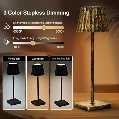 Cordless Rechargeable Table Lamp with Pleated Shade & Touch Dimmer – Classic LED Bedside Light for Bedroom Living Room