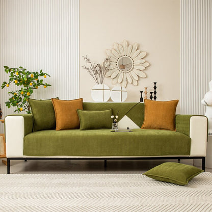 Chenille Couch Cover with Non-Slip Grip | Stays Put on Sofa, Loveseat, Sectional | Soft Throw for Living Room Furniture Protection
