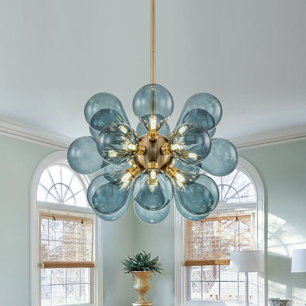 18-Light Glass Globe Ceiling Chandelier Blue Orb Sputnik Design Gold Frame Adjustable Height Hardwired for Dining Room Foyer