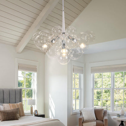 Multi-Globe Hanging Light Fixture Chrome 25 in Adjustable Suspension Cord 20 Glass Orbs LED Ceiling Lamp for Dining Living