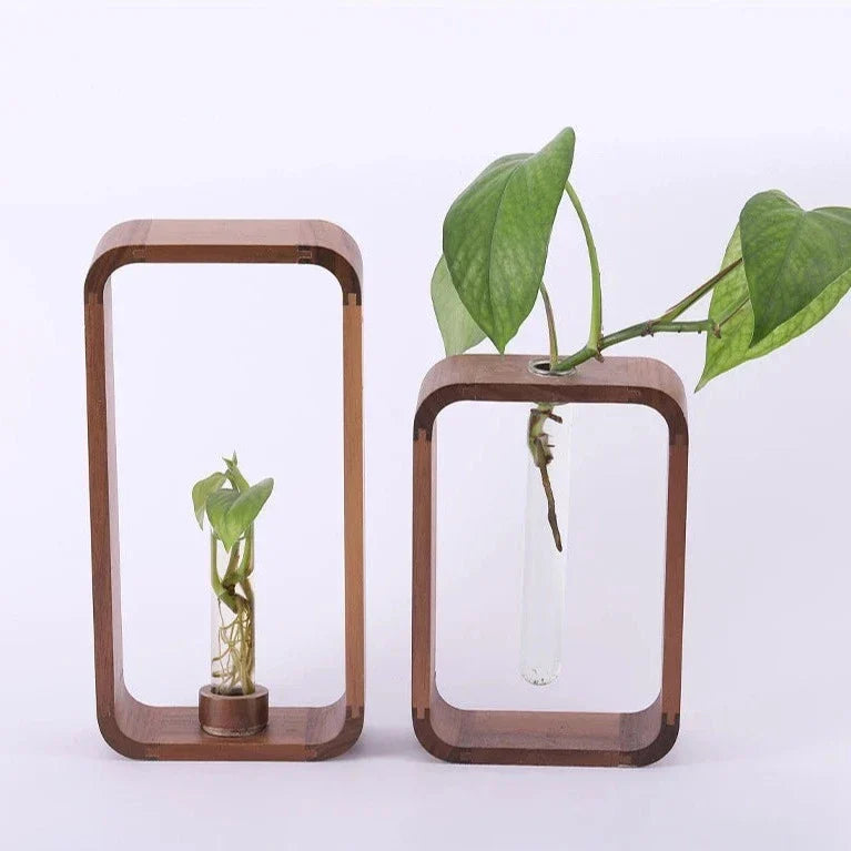 Glass Tube Plant Rooting Station Wood Stand for Cuttings & Propagation | Desktop Hydroponic Vase Holder for Home Office Kitchen | Tabletop I