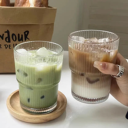 Glass Travel Tumbler with Straw & Lid for Coffee, Tea & Juice - Insulated Borosilicate Cup with Ribbed Design - Reusable Portable Drinkware