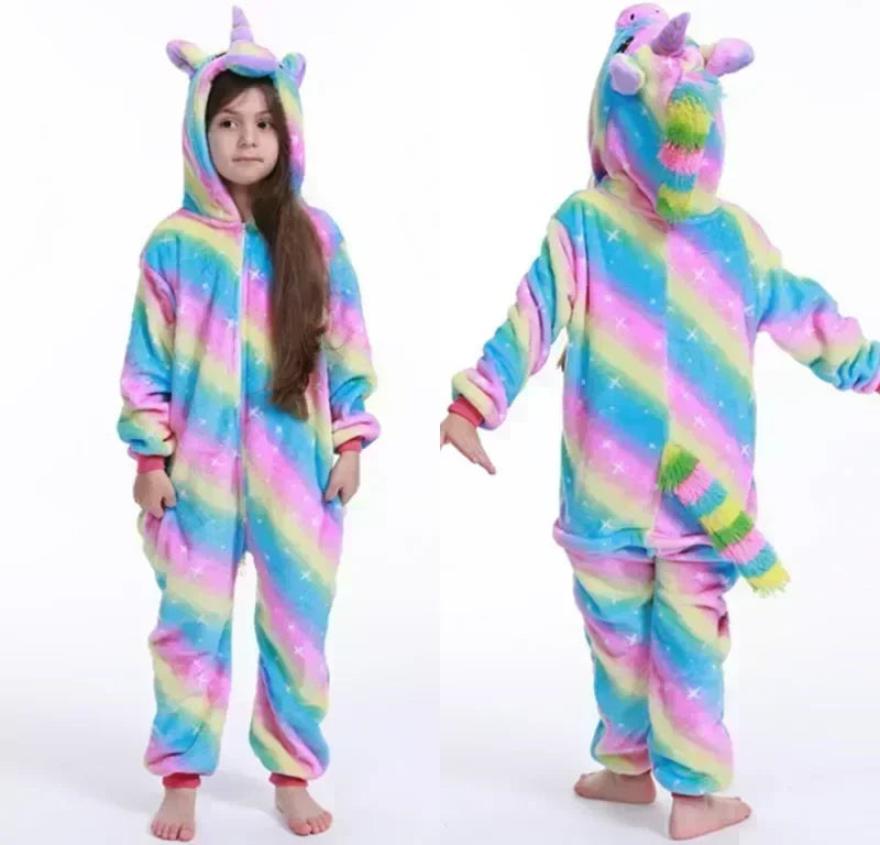 Mono de unicornio con capucha para niña, pijama de forro polar, disfraz de arcoíris para estar en casa, pijama de una pieza cálido, ropa de dormir de invierno para niños