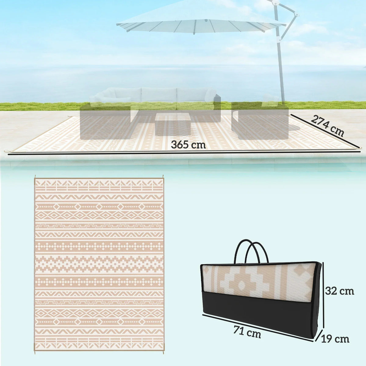 Reversible Outdoor Floor Mat 12 × 9 Feet Khaki Beige Polypropylene All-Weather Rug for Patio Garden Camping Beach Picnic Large Family Seatin
