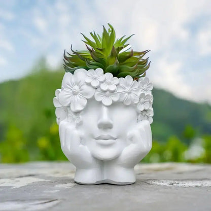 Sculptural Face Planter with Botanical Crown – White Resin Plant Holder for Succulents & Herbs – 6 inch Indoor Outdoor Decorative Container