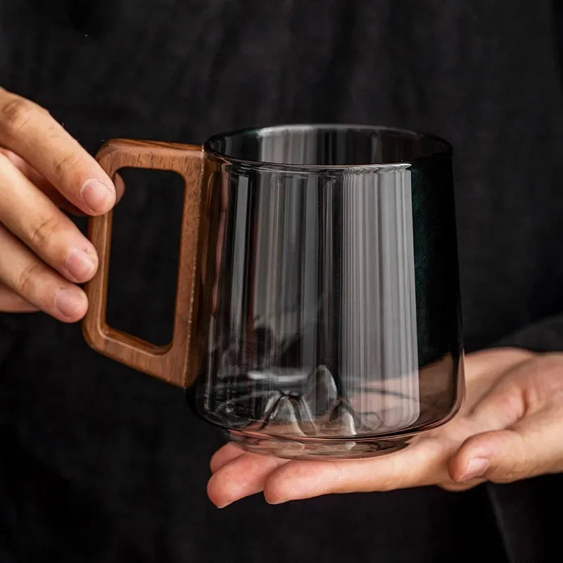 Alpine-Inspired Clear Glass Coffee Mug with Wooden Handle for Tea, Coffee & Hot Beverages | Borosilicate Heat-Resistant Drinkware for Home,