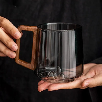 Alpine-Inspired Clear Glass Coffee Mug with Wooden Handle for Tea, Coffee & Hot Beverages | Borosilicate Heat-Resistant Drinkware for Home,
