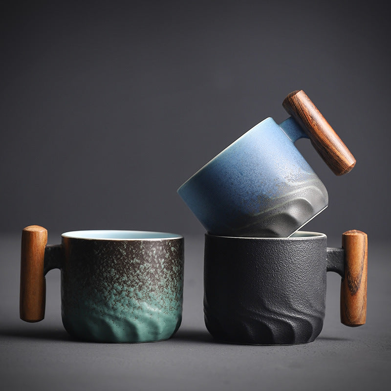 Handcrafted Ceramic Espresso Cup with Wood Handle – 2.7 oz Tea & Coffee Mug for Home & Office