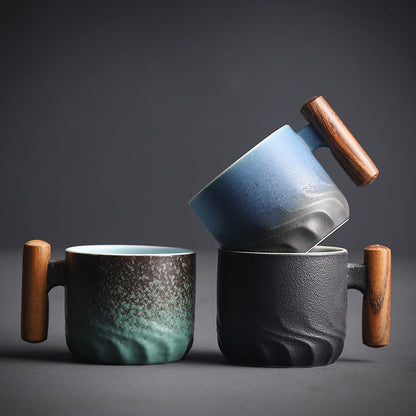 Handcrafted Ceramic Espresso Cup with Wood Handle – 2.7 oz Tea & Coffee Mug for Home & Office