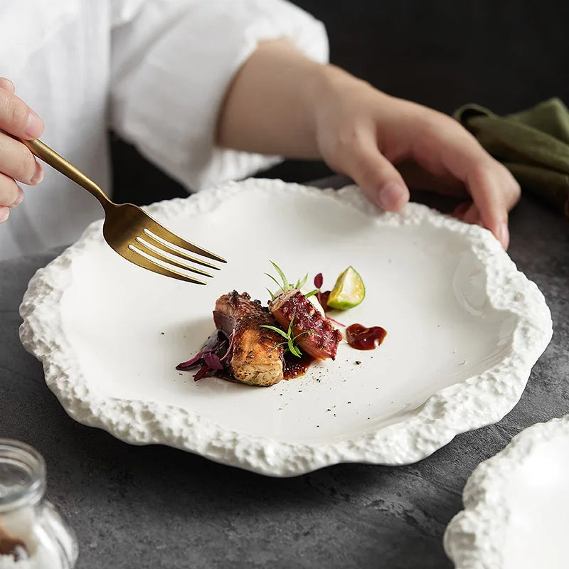Ceramic Dinner Plate with Textured Rock Edge Design for Kitchen & Dining Room Tables 8-11 inch Natural Tableware