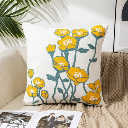 Floral Embroidered Throw Pillow Cover 18x18 Inches Cotton Canvas White Decorative Cushion Case for Couch Bed Chair Farmhouse Modern Living R