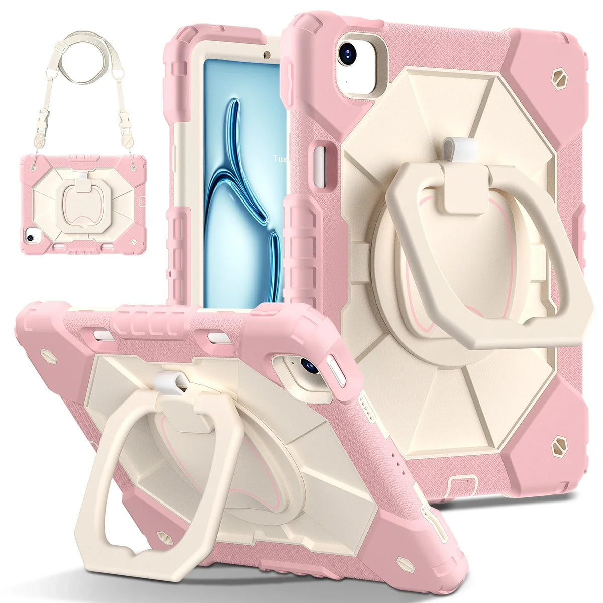 Triple-Layer iPad Protective Case with 360° Rotating Hand Grip, Integrated Kickstand & Shoulder Strap | Tempered Glass Screen Protector