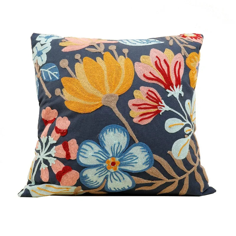 Floral Embroidered Throw Pillow Cover 18x18 Inches Cotton Canvas White Decorative Cushion Case for Couch Bed Chair Farmhouse Modern Living R