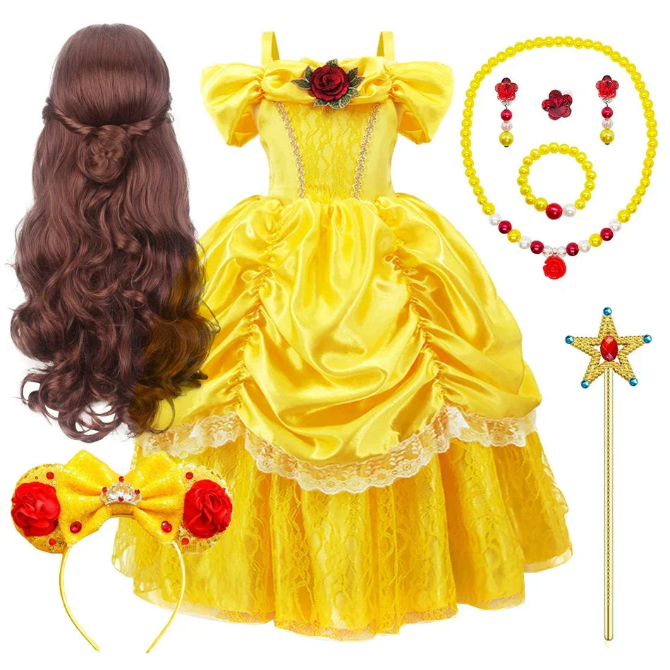 Girls Princess Gown Costume with Tiara and Gloves – Complete Belle-Inspired Dress-Up Set for Birthday Parties, Halloween, Cosplay & Special