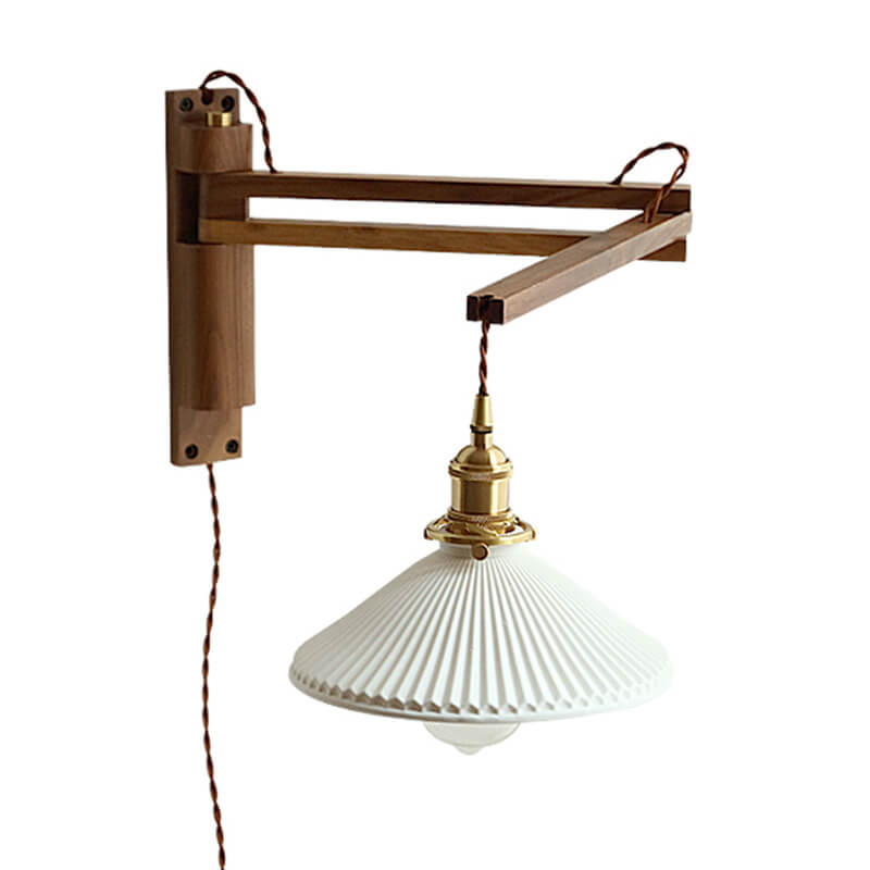Extending Wall Sconce with Ribbed Glass Shade and Wood Arm for Bedroom, Living Room & Hallway Reading Light