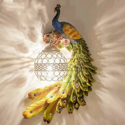 Crystal Globe Peacock Wall Light Fixture Decorative Resin Single Bulb Sconce for Bedroom Living Room Hallway Entryway Home Decor
